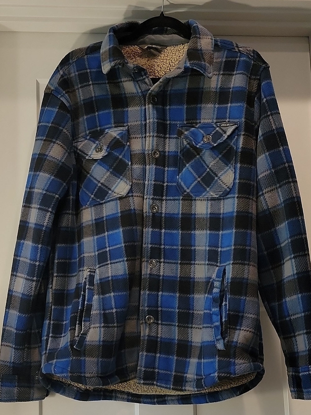 Eddie Bauer Blue and Gray Plaid Sherpa-Lined Shirt Jacket